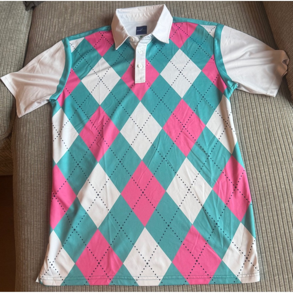 ReadyGOLF Mens Argyle Performance Polo Shirt Pink Teal White Size M
